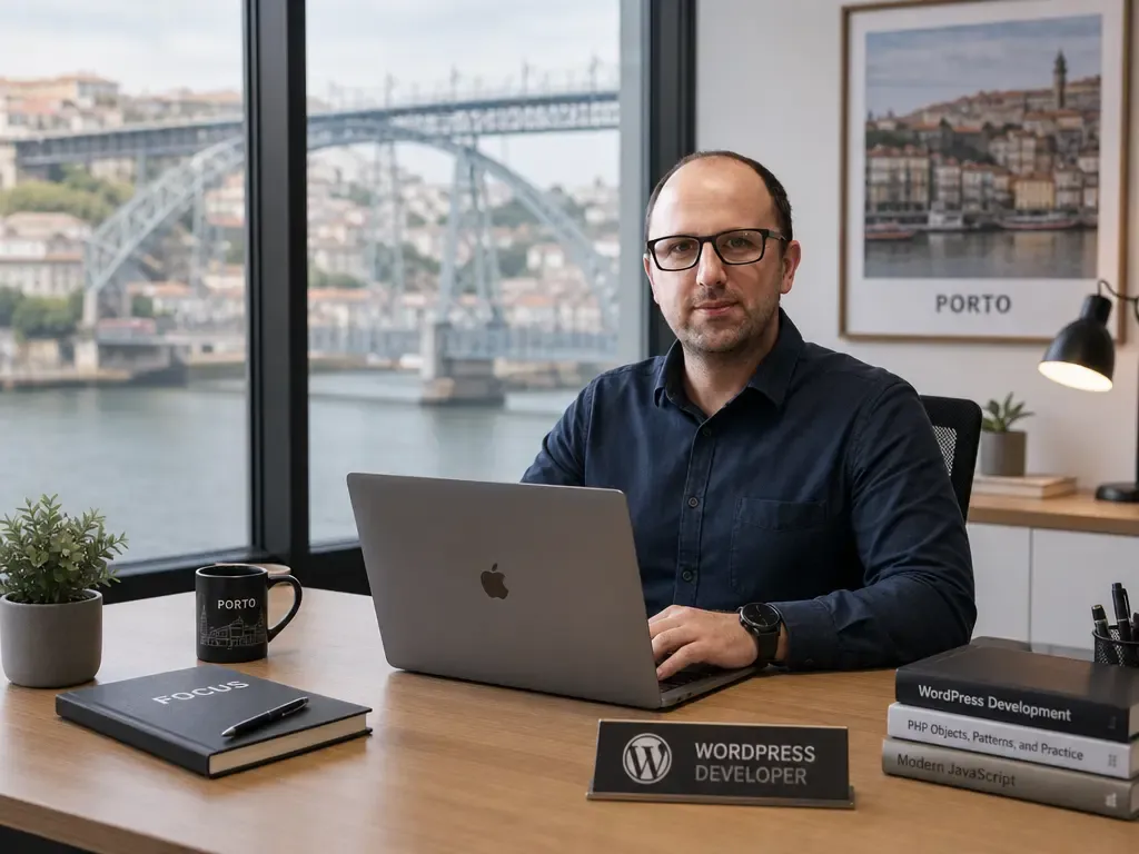Ricardo Morais, consultor SEO no Porto, a trabalhar com a Ponte Luís I ao fundo