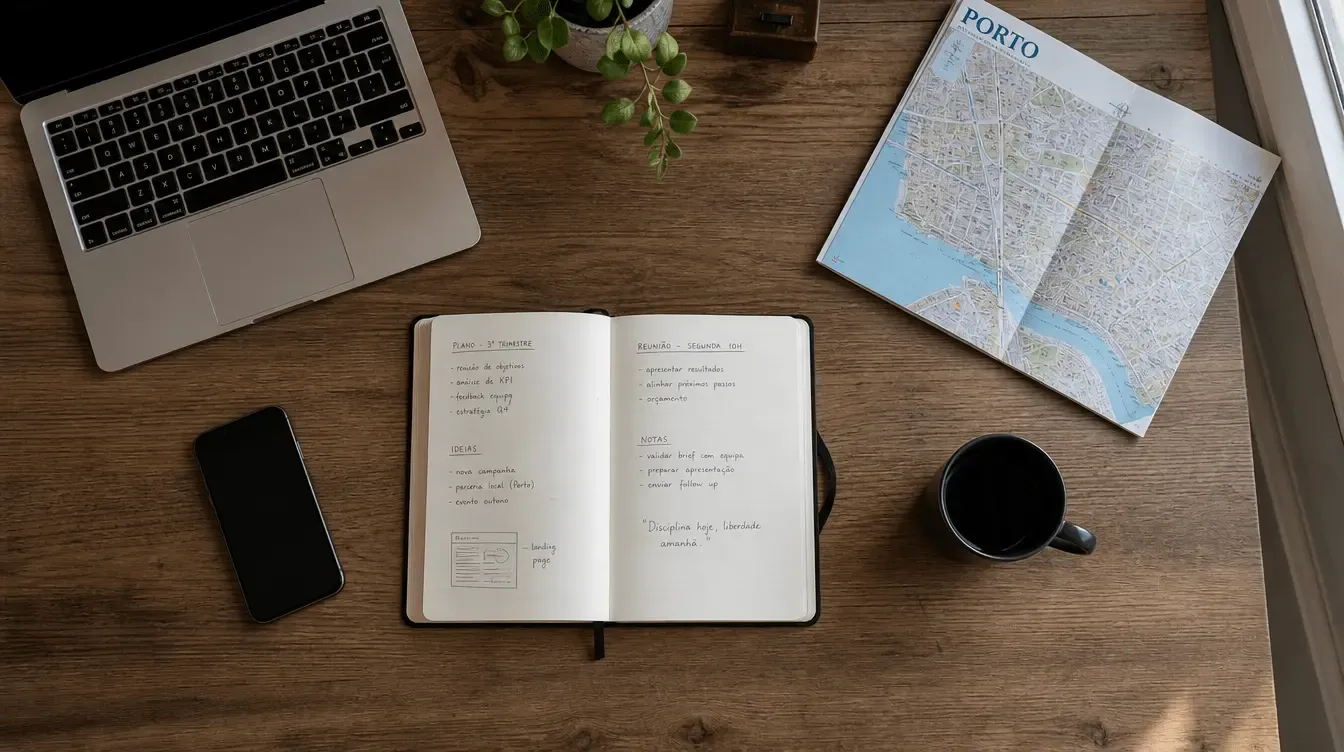 Secretária de trabalho com portátil, caderno de notas e um mapa do Porto