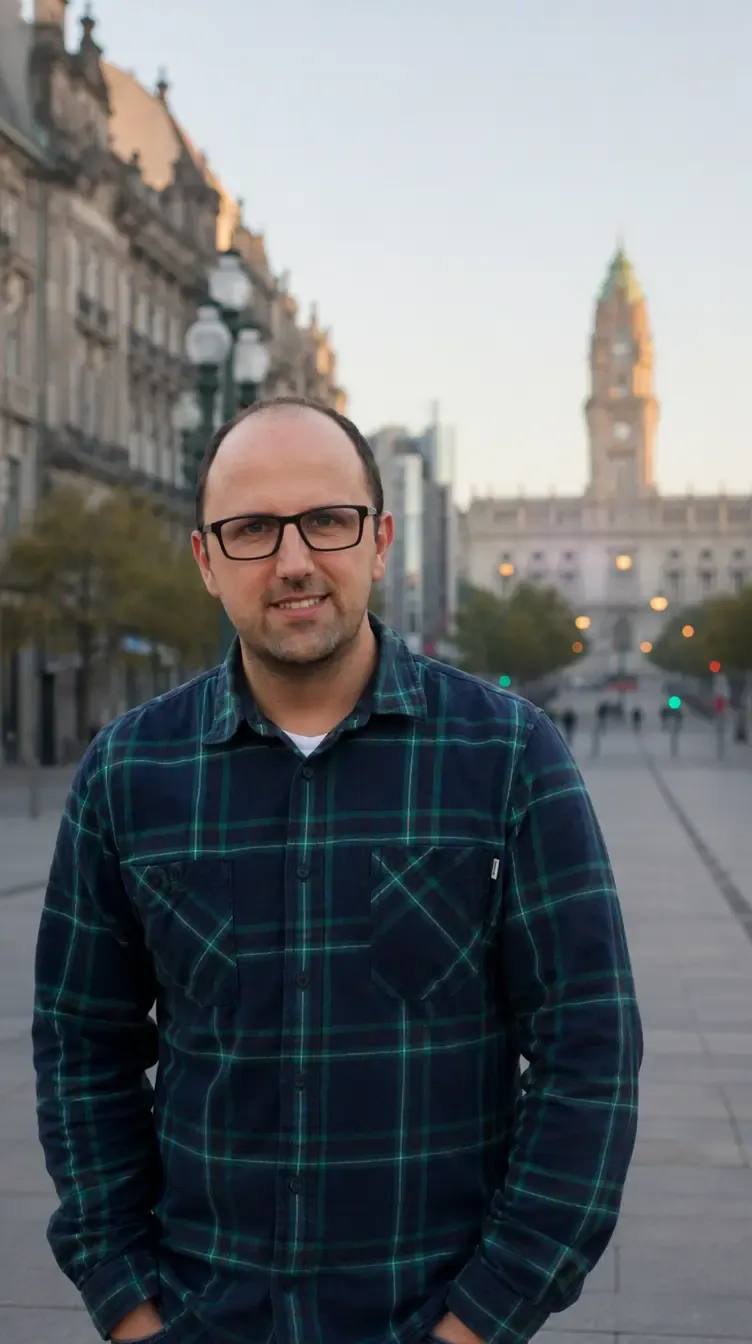 Ricardo Morais, consultor SEO, nos Aliados no Porto, com a torre da Câmara Municipal ao fundo