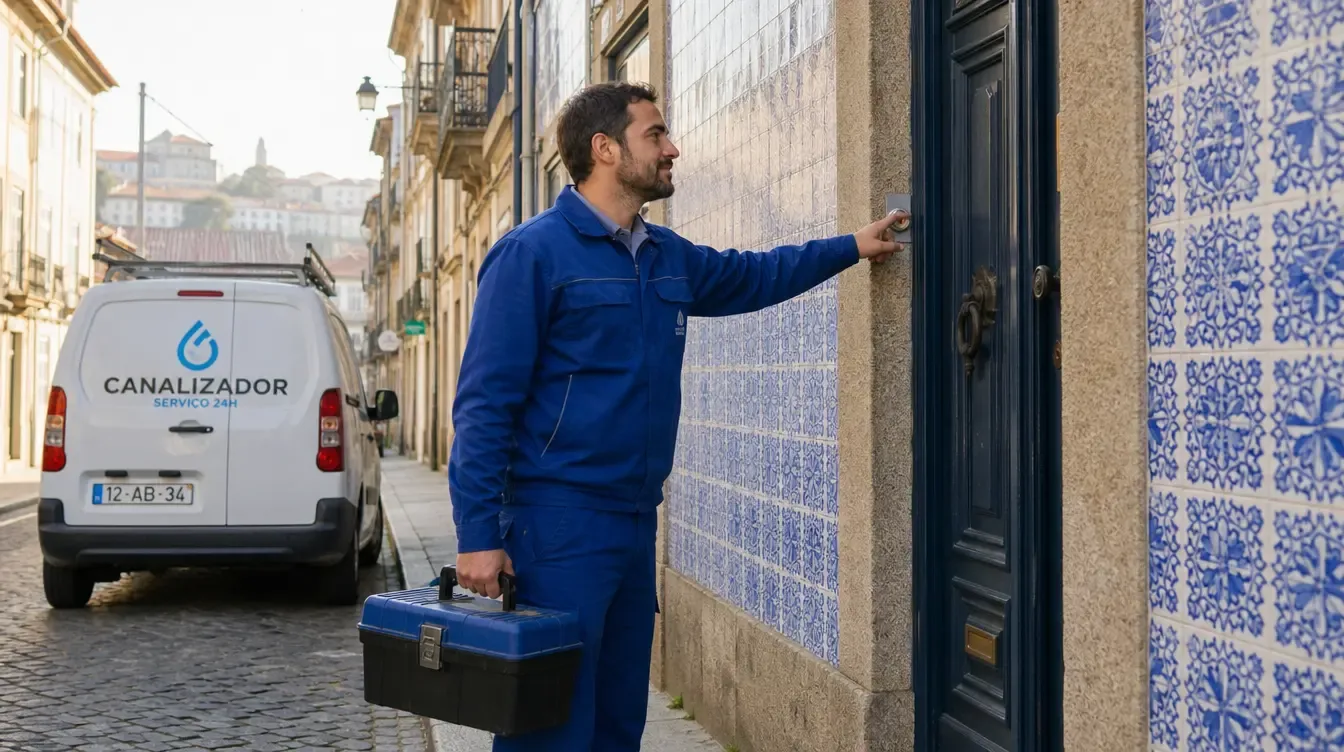 Canalizador a tocar à campainha de um prédio com fachada de azulejo no Porto, com a carrinha de trabalho atrás