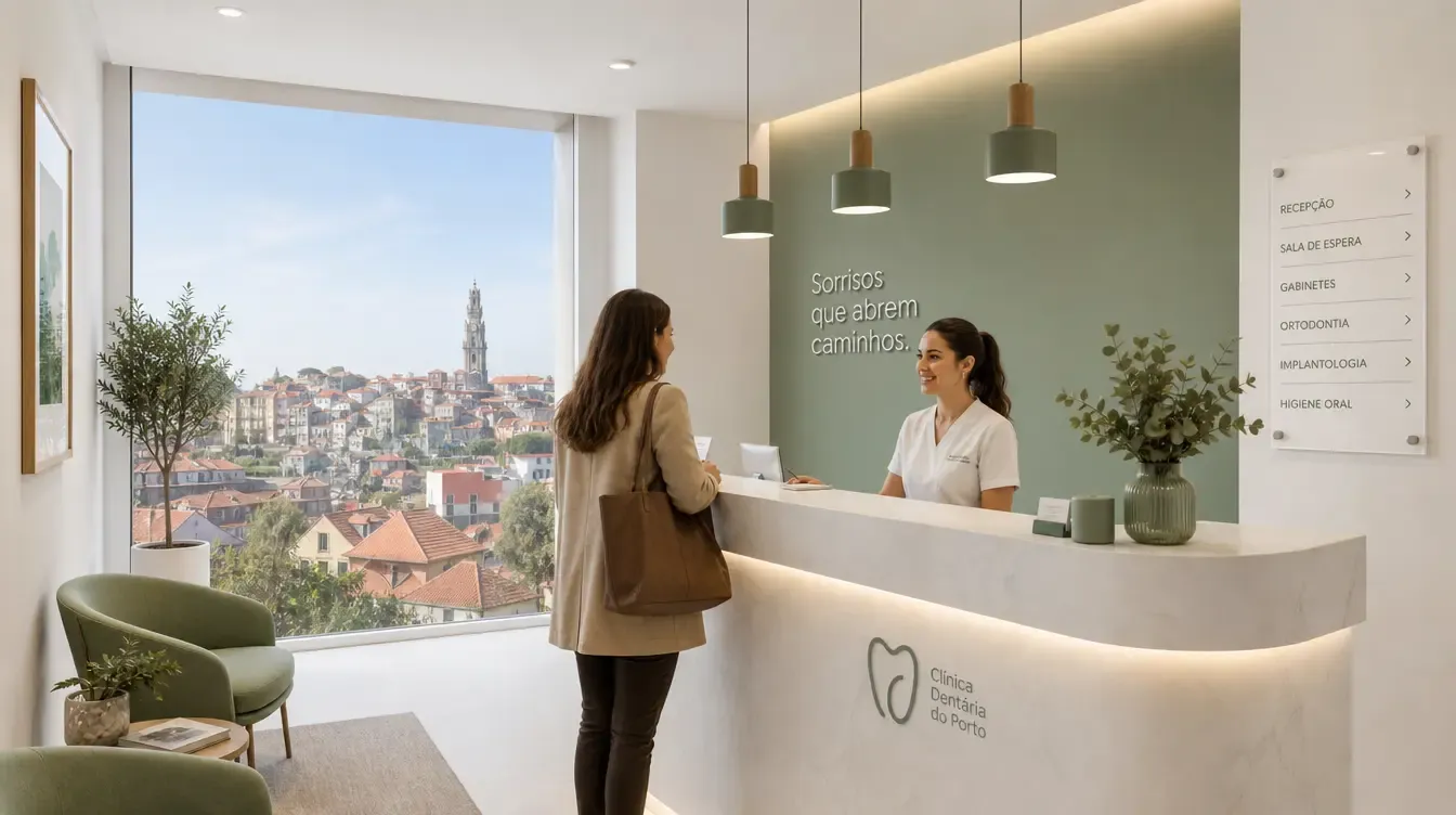 Receção de clínica dentária no Porto, com os telhados da cidade e a Torre dos Clérigos ao fundo