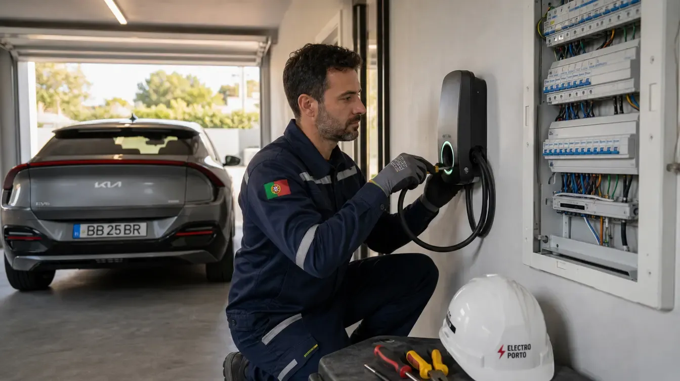 Eletricista a instalar um carregador de carro elétrico numa garagem no Porto