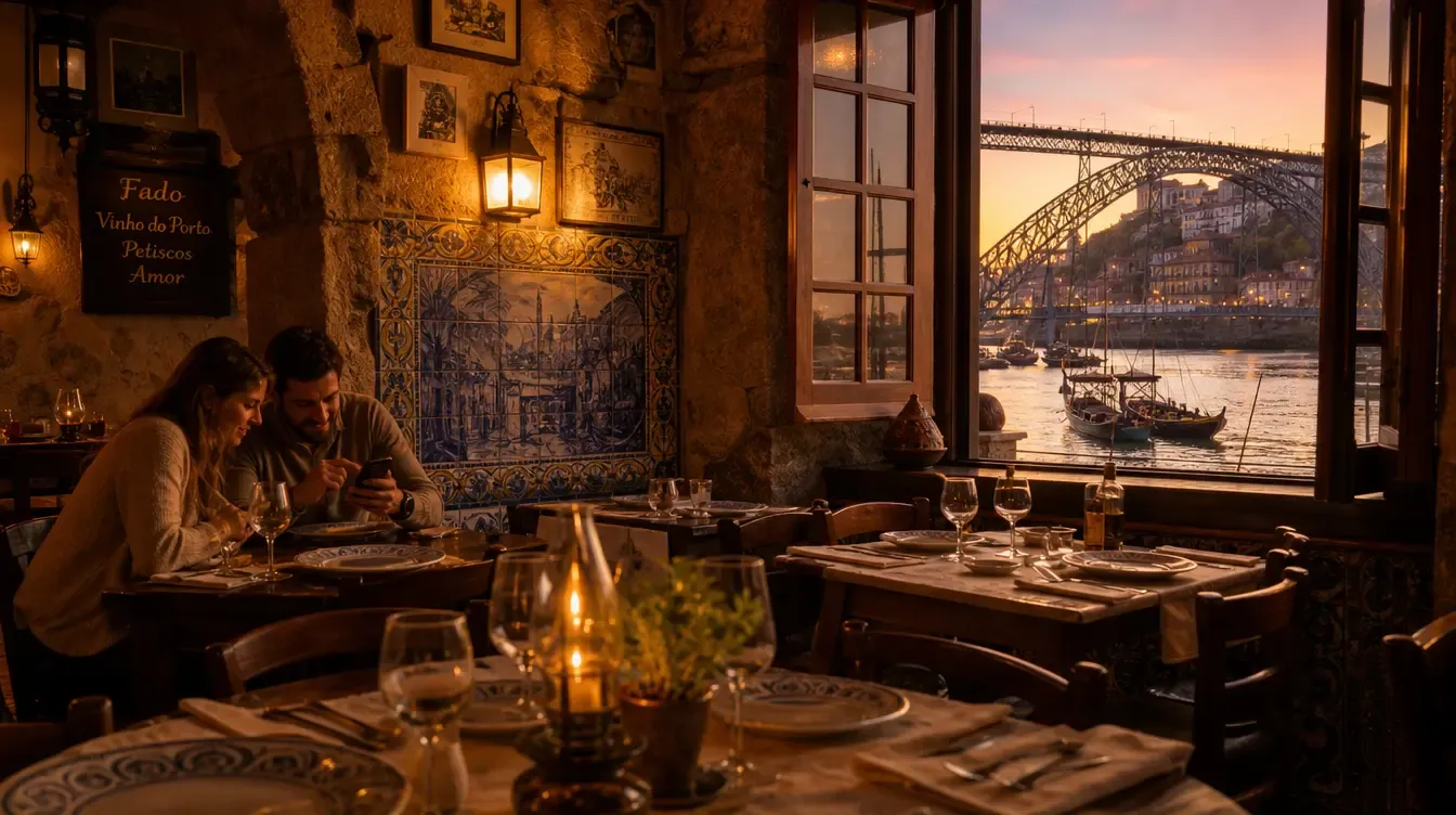 Interior de restaurante com azulejo na Ribeira do Porto, com a Ponte Luís I ao pôr do sol